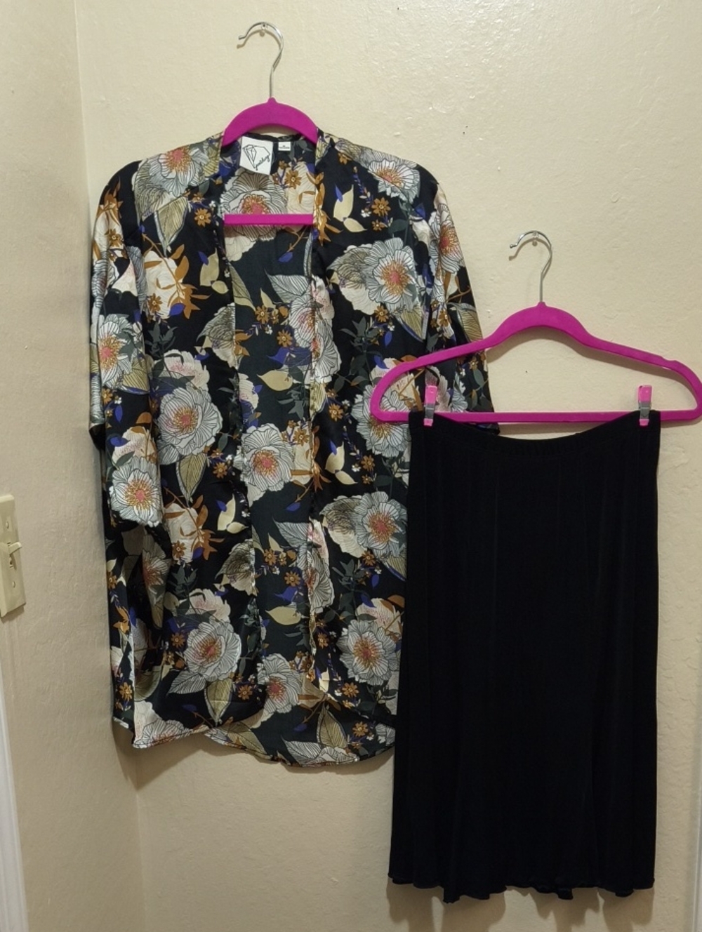 Floral Black Kimono with Black Skirt